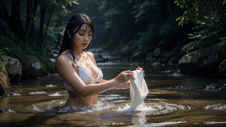 beautiful asian woman washing clothes in river accompanied by white tiger, cinematic angle, hd, 8k, ray tracing, cinematic lighting