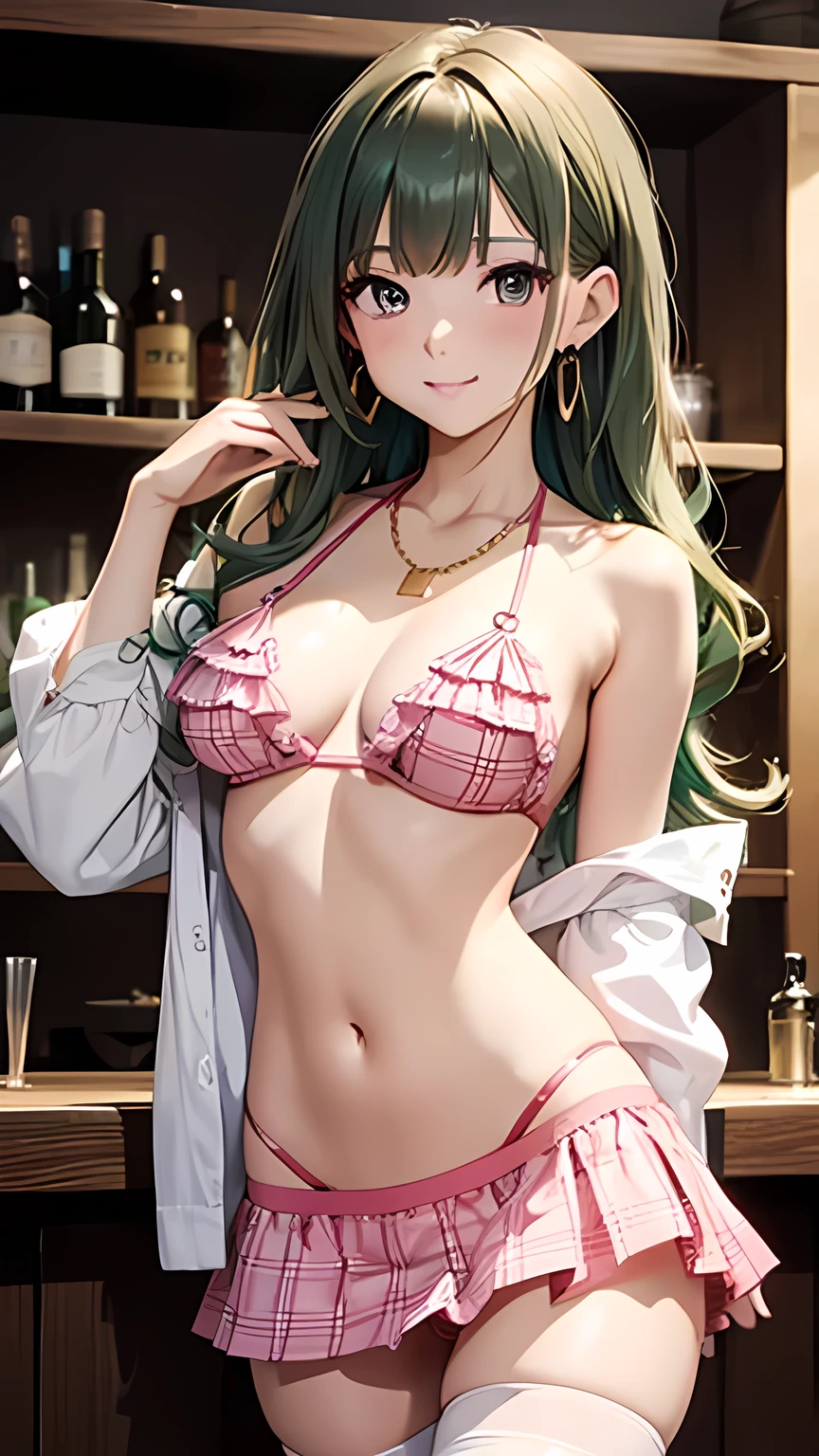 masterpiece,Ultra-high resolution、Highest quality、Sexy pose、Dimly lit bar background at night、Green Hair、Long Hair:1.2, Pink Eyes, smile、Tilt your head、Large gold earrings and necklace:1.5,、Model walking、Small breasts、the body is slim、Tight waist、Spread your legs,Cowboy Shot、Halter neckline trimmed with white, pink and red ruffles、White argyle check pattern ultra mini bikini skirt、A little bit of red panties are visible、Knee socks、Underwear Focus