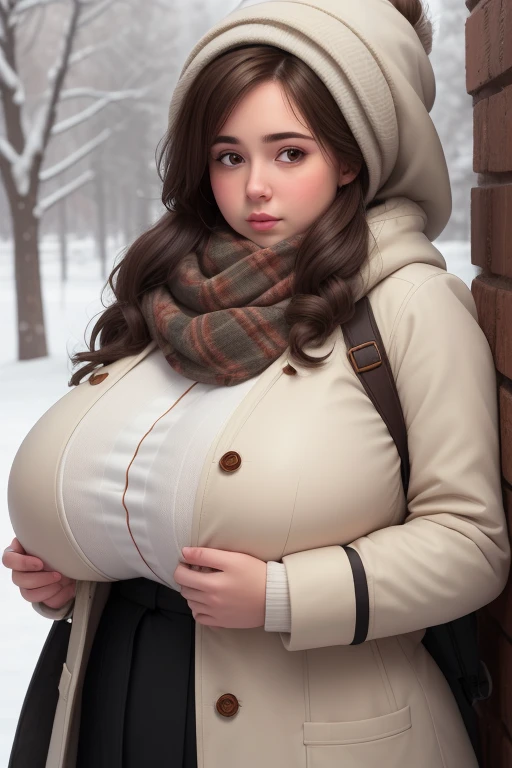 (best quality), big head, (1girl with gigantic breasts:1.3) Women With Brown hair , White Pale Skin Tone , Woman in coat and scarf , Cold , Fat Sexy Milf , Winter , snow  , Details , Portrait Fat Girl , Winter Vibing , Details Hand, details Finger , Details Body , UHD , 8K