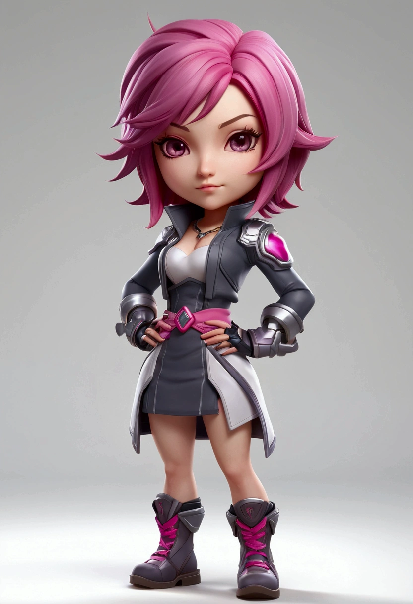 3D render, full body league of legend style, chibi sexy 36 years old brunette, pink dyed hair tips, mid long haircut, grey eyes, best quality, casual dress, white background