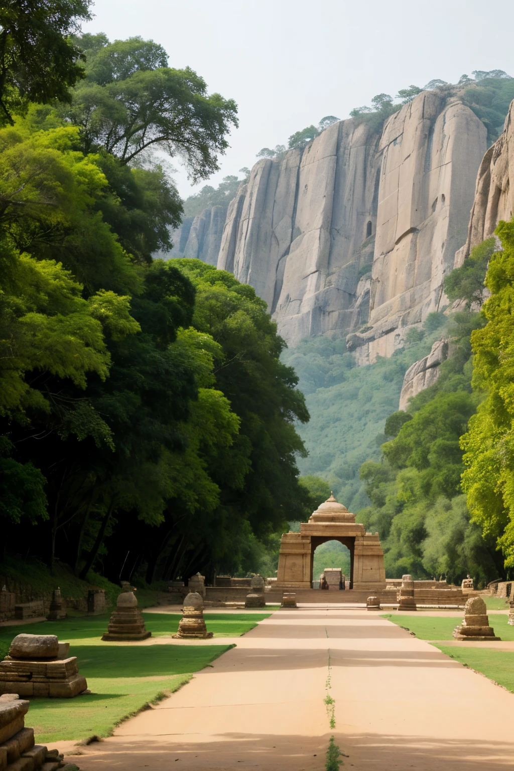 Ancient Indian landscape with Emperor Ashoka in royal attire, surrounded by monumental rock edicts and lush greenery.