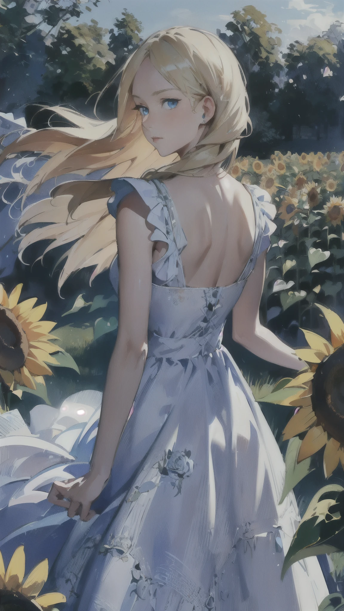 insanely detailed, absurdres, ultra-highres, ultra-detailed, best quality,
1girl, solo,  qhly, blonde hair, blue eyes, garden, roses, sunflowers, no breasts, no emotions, hands on the back, white and blue dress,  oil painting
