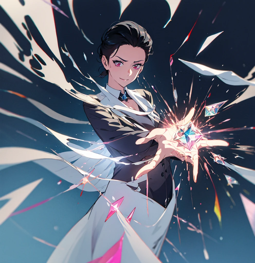 black hair, shiny hair, crystal hair, hair slicked back, evil smile, Surrealism, アニメ, glowing light, 8k, super detail, uhd, retina, masterpiece, accurate, anatomically correct, textured skin, super detail, high details, high quality, award winning, best quality, highresVery very cool man、suit、all back、Short Hair