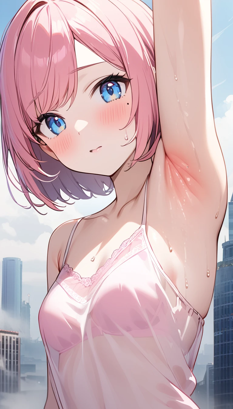 (1 girl),(Best Picture Quality, 8K, Masterpiece:1.3), (high school student:1.5), ((pink lob hair:1.1)), (bob cut),(swept bangs), (cute eyes, pupil black, iris skyblue, youthful face), (mole under right eye), (standard weight), (small breasts), (glistening skin:1.1),(pale skin:1.2),((showing armpits)),((see-through camisole)),(pink bra),(flustered),(sweat),((fog skin:1.1)),(Beijing:1.2),((extremely detailed armpits)),((extreme close up armpit:1.3)),urban cityscape background streets.