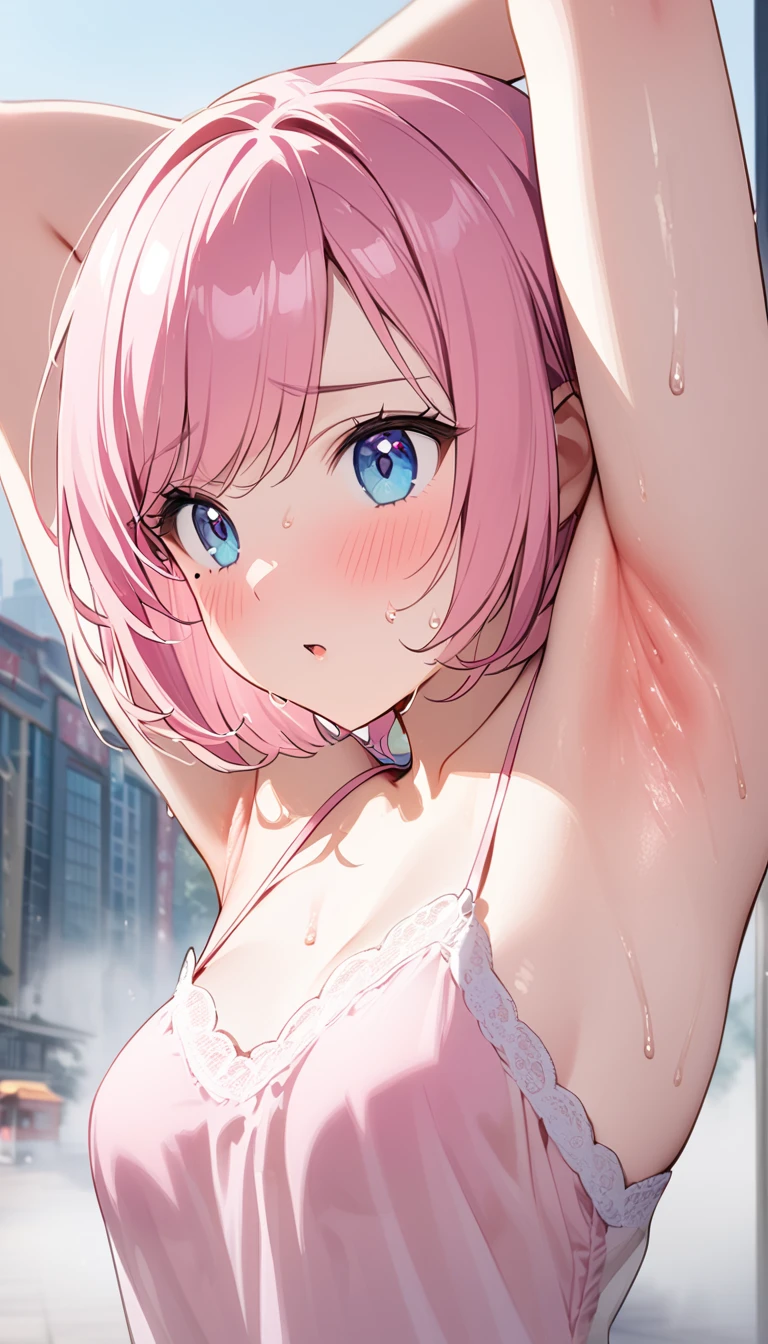 (1 girl),(Best Picture Quality, 8K, Masterpiece:1.3), (high school student:1.5), ((pink lob hair:1.1)), (bob cut),(swept bangs), (cute eyes, pupil black, iris skyblue, youthful face), (mole under right eye), (standard weight), (small breasts), (glistening skin:1.1),(pale skin:1.2),((showing armpits)),((see-through camisole)),(pink bra),(flustered),(sweat),((fog skin:1.1)),(Beijing:1.2),((extremely detailed armpits)),((extreme close up armpit:1.3)),urban cityscape background streets.