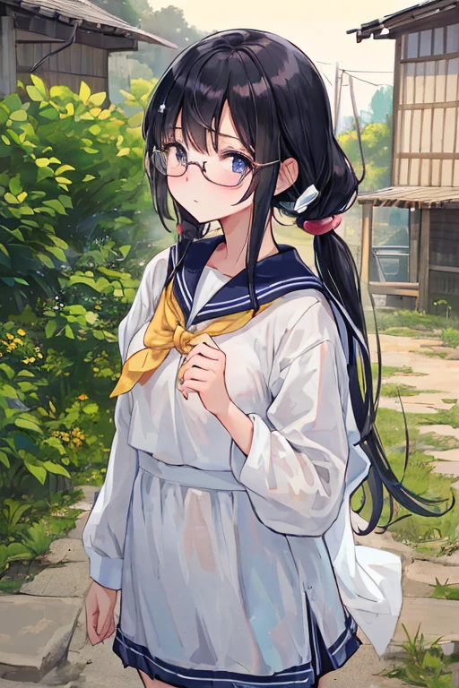 a beautiful girl wearing a sailor uniform, long black hair in pigtails, glasses, sweating in a rural Japanese countryside setting on a summer day, highly detailed, anatomically correct, illustration, anime style, sparkling effects