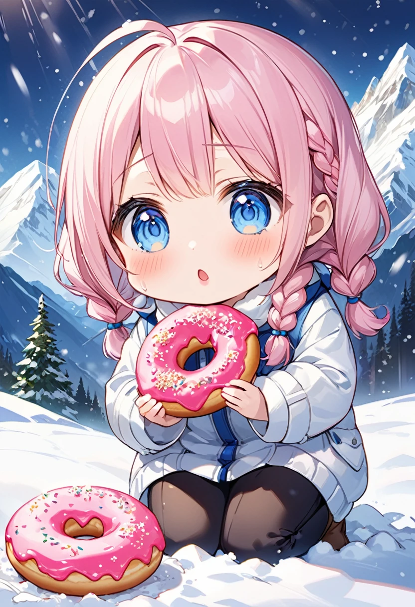 Highest quality、High resolution、Detailed Background、Beautiful face in every detail、Anatomically correct、Detailed facial expressions、fine grain、((full body, from below, side shot)), break　((One Girl:1.2)、(Chibi Girl:1.2))、Cute hair color、Big beautiful blue eyes、Fuller lips、Pink Lips、Braided twin tails、Ahoge、((Snowy mountain victim:1.2)、Cute winter clothes、Cute Snow Boots)、(I am very surprised、Are crying)、break　(seiza:1.2、Place your hands in front of your knees:1.2、Holding a golden glittering donut:1.2、Bite marks:1.2)、(The background is a snowy mountain, Severe snowstorm、Buried in snow:1.2)