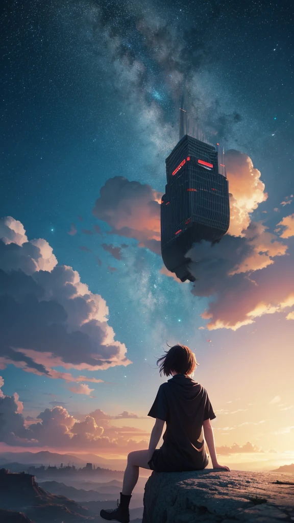 Anime girl sitting on a rock looking at the sky,A tower piercing the sky in the distance, makoto shinkai cyril rolando, anime art wallpaper 4k, anime art wallpaper 4k, Cyril Rolland and Goro Fujita, Anime Art Wallpapers 8K, 4k anime wallpaper, anime wallpaper 4k, anime wallpaper 4k, ( ( Makoto Shinkai ) ), Makoto Shinkai!