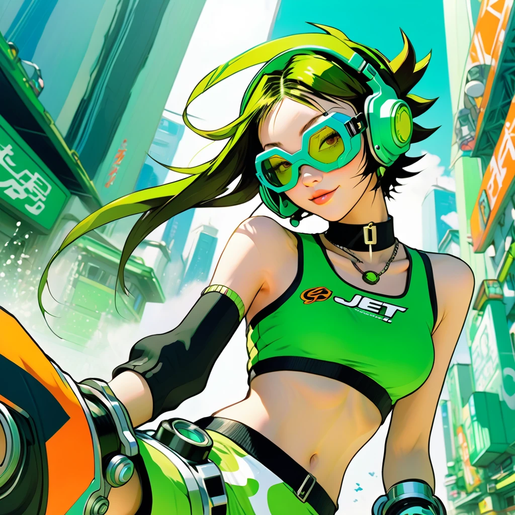 a close up of a woman in a green dress and goggles, jet set radio artwork, style of jet set radio, by Yoshihiko Wada, jet set radio, by Akihiko Yoshida, artstyle : ilya kuvshinov, by shirow masamune, cushart kenz, jet set radio future, full body shot, inline skates, holding spray can 