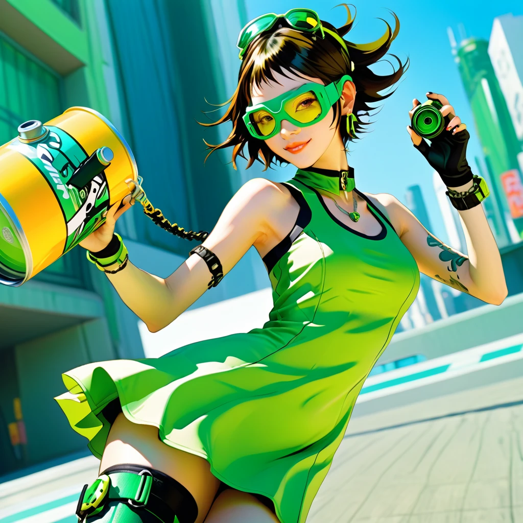 a close up of a woman in a green dress and goggles, jet set radio artwork, style of jet set radio, by Yoshihiko Wada, jet set radio, by Akihiko Yoshida, artstyle : ilya kuvshinov, by shirow masamune, cushart kenz, jet set radio future, full body shot, inline skates, holding spray can 
