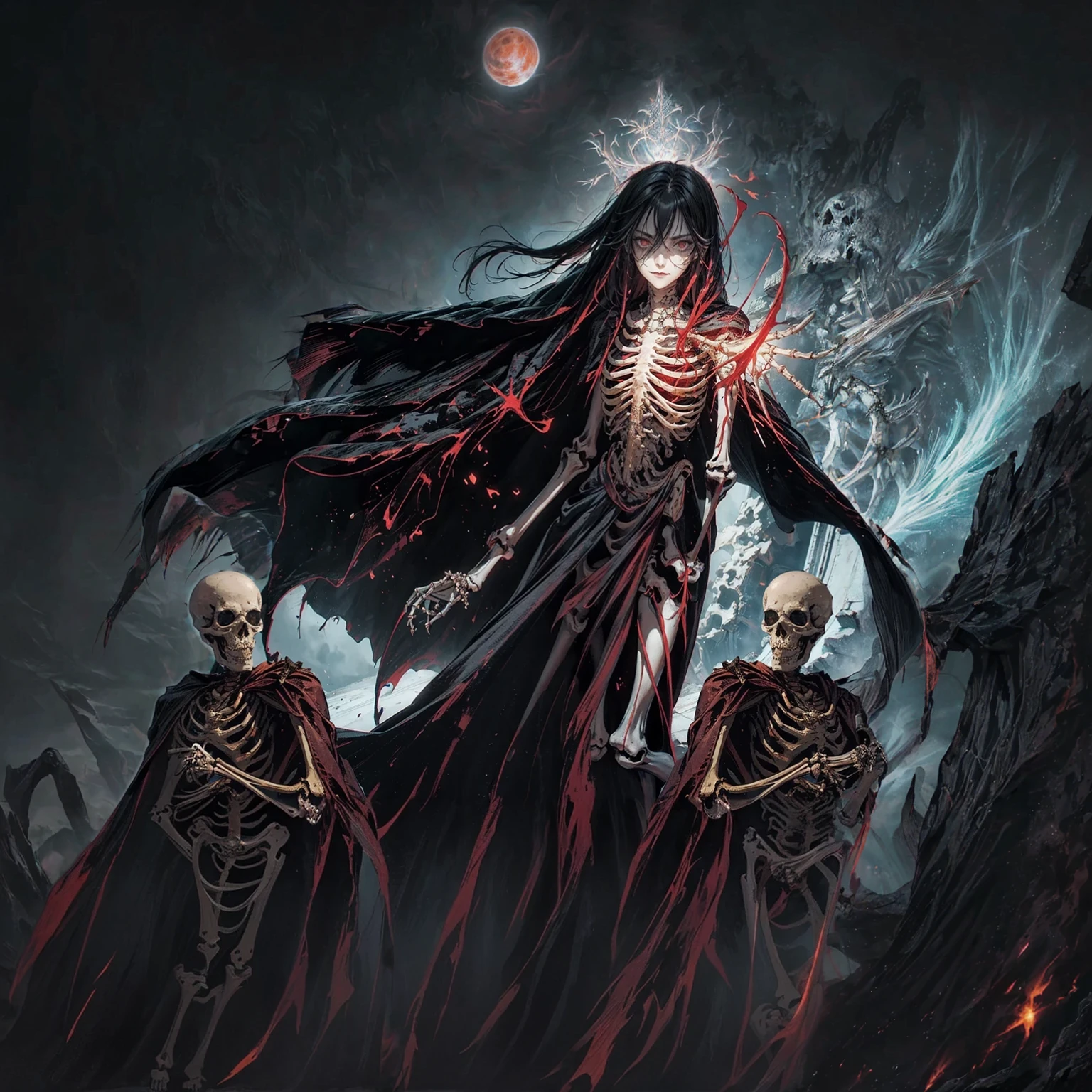 (full body shot:1.5), (Wide-angle lens:1.2), (black hair:1.5), best quality, 4K, high resolution, (masterpiece:1.2), Very detailed, (current:1.37), (Anatomically correct:1.2), Mood lighting, Undead girl in a long cloak, (Torso and limb is skeleton bone but head is still beautiful human face:1.2), Wearing a tattered gothic skirt, A sense of alienation, Dangerous sneer, Beautiful but evil grin, Dark Force (StarWar), Force lightning radiates from fingertips, Facing the camera, Pitch black sky, Blood red moon, strange atmosphere, Gothic style, Unforgettable beauty, Dramatic shadows, Ethereal Light, Mysterious atmosphere, Resurrection from the grave, The Black Magic, Dead, Anime characters with black hair, Detailed cover design, Anime epic artwork, detailed key anime art, Be focused, dark fantasy artwork, Anime Fantasy Artwork, Official artwork with high detail, Dark Witch Panorama, Lich Vecna (d&d)