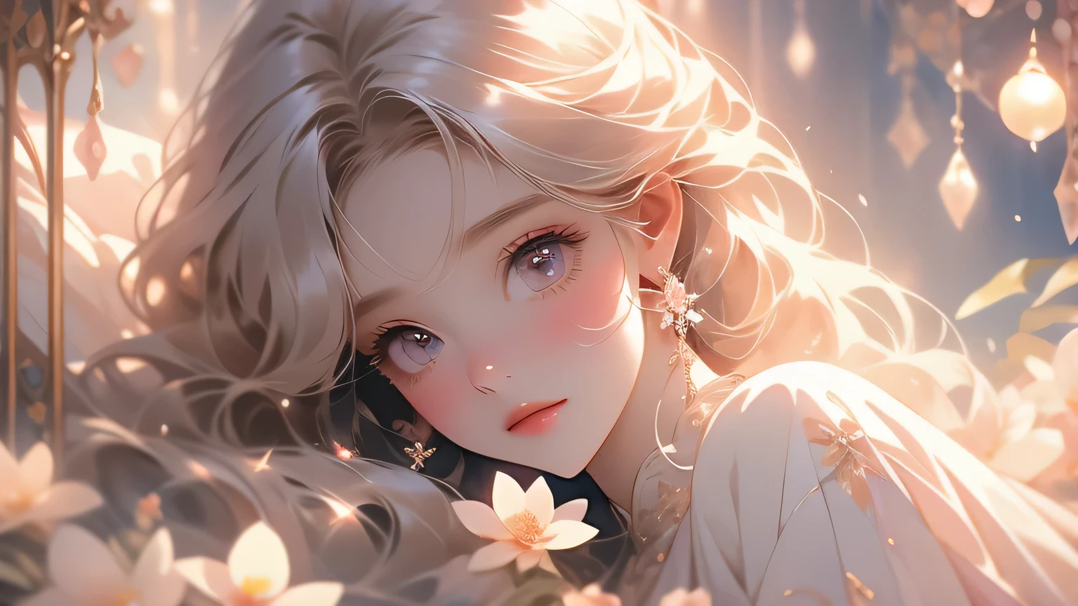 (High quality, 8K), (Soft light), Rainbow Color, One girl, Detailed face, Detailed eyes, watercolor paiting, very magical and dreamy, dreamy and detailed, dreamy atmosphere and drama, Beautiful dreamy lighting, dreamy ambiance, Beautiful atmosphere, Dreamy Romantic, Ethereal dreamy theme, many flowers, flower garden, landscape, sparkle eyes, white and pink marble hair, smile