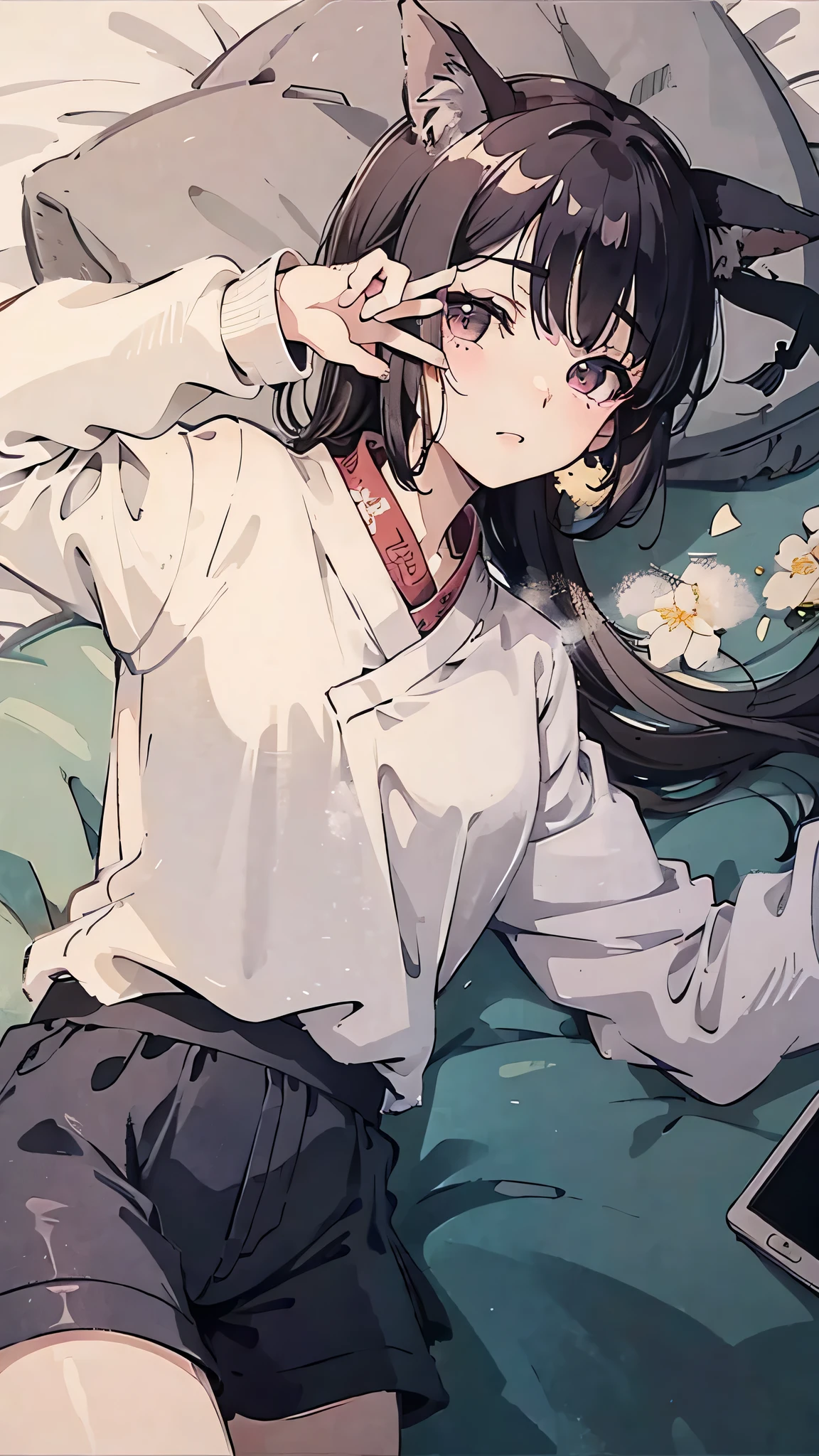 anime girl laying on a bed with a cell phone in her hand, lofi portrait, lofi girl, guweiz, rin, soft anime illustration, with index finger, anime moe artstyle, made with anime painter studio, anime asthetic, artwork in the style of guweiz, hinata hyuga, high quality fanart, anime aestheticHD, (Best Detail), (Best Quality), ink painting, (Chinese style), detailed and delicate face, serafuku,