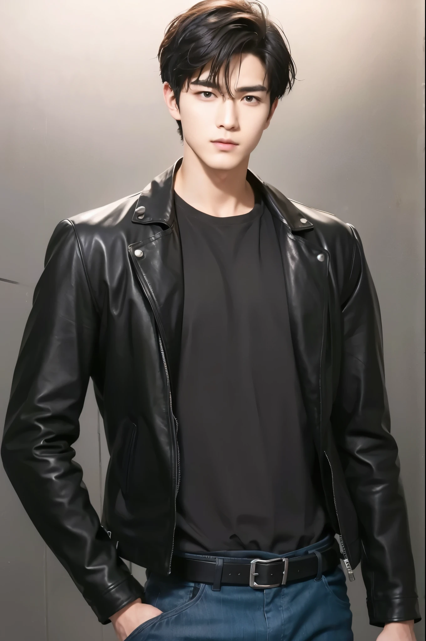 at office,wearing black leather jacket,two block haircut, Attractive man,Live-action photo,Handsome and sunny,(SLR effect,Reality,8K,Hyper-detailing,Absolute realism)
