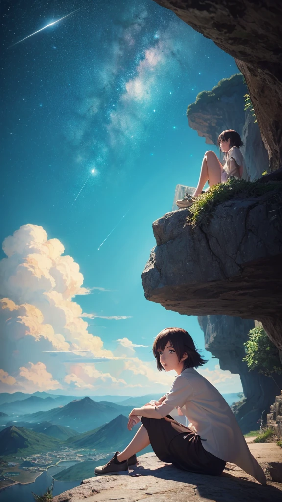 Anime girl sitting on a rock looking at the sky,A tower piercing the sky in the distance, makoto shinkai cyril rolando, anime art wallpaper 4k, anime art wallpaper 4k, Cyril Rolland and Goro Fujita, Anime Art Wallpapers 8K, 4k anime wallpaper, anime wallpaper 4k, anime wallpaper 4k, ( ( Makoto Shinkai ) ), Makoto Shinkai!