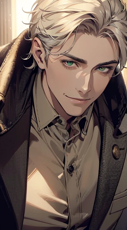((a mature man, very handsome, smile in love, short grey golden hair, green eyes, perfect face without errors)), ((buttoning the jacket, CEO)), (best quality, masterpiece, 8K, photorealistic, cinematic lighting, hdr image, ultra detailed, beautiful image), (portrait, detailed facial features, intricate textures, realistic skin tones, highly detailed, ultra-realistic), (warm lighting, soft shadows, dramatic lighting), (muted color palette, rich tones), (professional photography, high resolution, studio lighting)