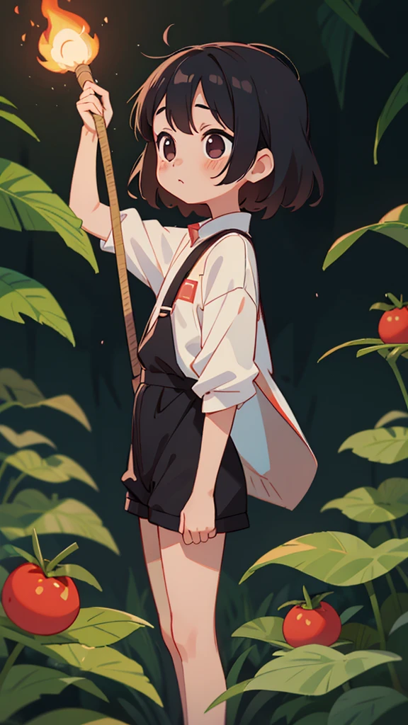 A girl as cute as a tomato。Wearing panty skin is burning、Holding an insect net in his hand。He is tall。Black Hair
