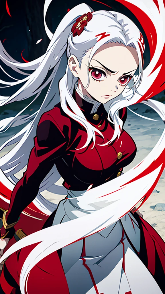 Kimetsu no Yaiba style, 1 mature, girl, red eyes, a hashira, pretty, red and white hair, white hair with red tips, red and white ombre hair, stylized hair, long hair, annoyed expression, noble, Pillar Demon Slayer, holding a sword, wearing black demon slayer uniform, black clothing, holding a red katana, large breasts, big breasts