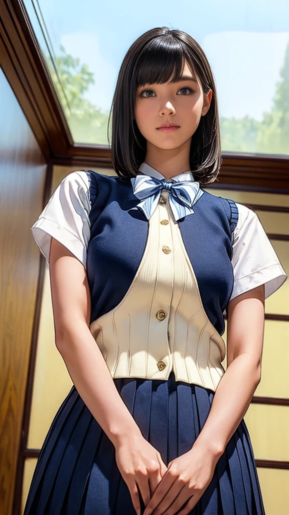 (masterpiece:1.2, Highest quality), (Realistic, photoRealistic:1.4), (Large Breasts:1.5), Beautiful illustrations, (Natural Side Lighting, Cinema Lighting), Written boundary depth, Looking at the audience, (Face Focus, Upper Body), Front view, 1 girl, Japanese, high school girl, 15 years old, Perfect Face, Symmetrical cute face, Glowing Skin, (Bob Hair:1.7,Black Hair), Asymmetrical bangs, Big eyes, Droopy eyes, long eyelashes chest), thin, Beautiful Hair, Beautiful Face, Beautiful and beautiful eyes, Beautiful clavicle, Beautiful body, Beautiful breasts, Beautiful thighs, Beautiful legs, Beautiful fingers, ((Quality fabric texture, brown knit vest, Short sleeve white collar shirt, Navy Pleated Skirt, Navy bow tie)), (Beautiful views), evening, (Inside the flower shop), Are standing, (smile, Superior, Open your mouth), (From below:1.5),(Poor visibility:1.5), (From below)