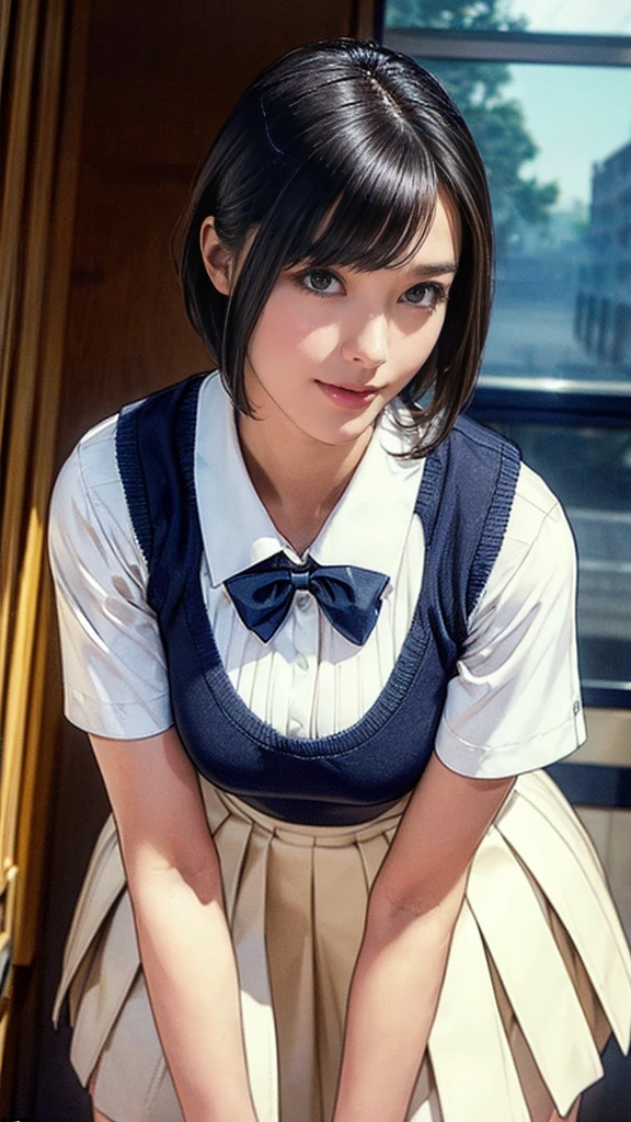 (masterpiece:1.2, Highest quality), (Realistic, photoRealistic:1.4), (Large Breasts:1.5), Beautiful illustrations, (Natural Side Lighting, Cinema Lighting), Written boundary depth, Looking at the audience, (Face Focus, Upper Body), Front view, 1 girl, Japanese, high school girl, 15 years old, Perfect Face, Symmetrical cute face, Glowing Skin, (Bob Hair:1.7,Black Hair), Asymmetrical bangs, Big eyes, Droopy eyes, long eyelashes chest), thin, Beautiful Hair, Beautiful Face, Beautiful and beautiful eyes, Beautiful clavicle, Beautiful body, Beautiful breasts, Beautiful thighs, Beautiful legs, Beautiful fingers, ((Quality fabric texture, brown knit vest, Short sleeve white collar shirt, Navy Pleated Skirt, Navy bow tie)), (Beautiful views), evening, (Inside the flower shop), Are standing, (smile, Superior, Open your mouth), (From below:1.5),(Poor visibility:1.5), (From below)