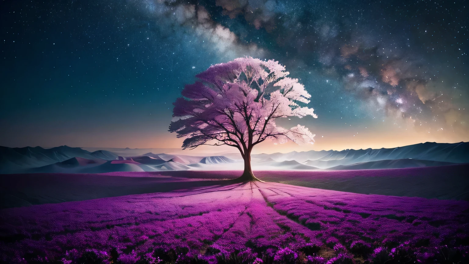 In an ethereal amalgamation of dreams and reality, a mesmerizing spectacle unfolds before your eyes. A breathtaking, otherworldly landscape stretches far and wide, bathed in an iridescent halo of soft pastel hues. This is a photograph, capturing a scene that seems to defy the laws of nature, blurring the boundaries between earth and an unknown realm. The focal point reveals a majestic, crystalline tree standing tall amidst a surreal forest, adorned with shimmering sapphire leaves. The image exudes timeless charm and enigmatic beauty.