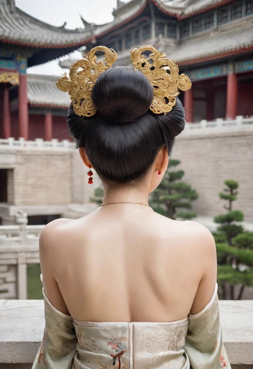Angle of rear view from below, buttocks, from below, a Chinese imperial court empress of the Qing dynasty, posing naked on all fours with her big buttocks sticking out, her hair in the palace, both ponytails attached, her face visible, she is wearing a gorgeous Chinese empress crown, a hair ornament, her hair tied up and pulled up,、A perverted erotic woman with a profile view. The background is the stone paving outside a Chinese palace in the Qing dynasty.
