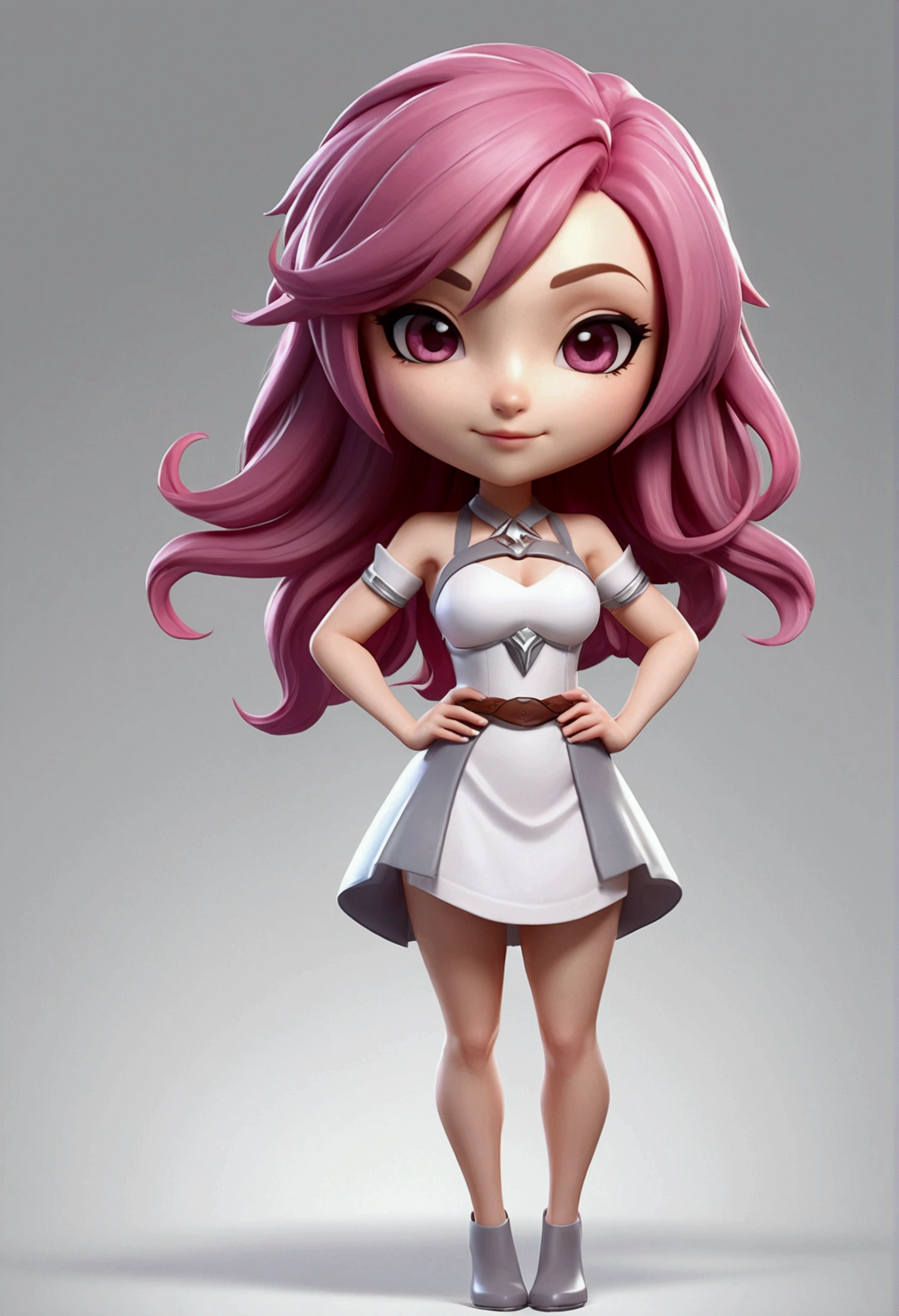 3D render, full body league of legend concept art style, chibi sexy 38 years old brunette, pink dyed hair tips, mid long haircut, grey eyes, best quality, casual date night dress, white background
