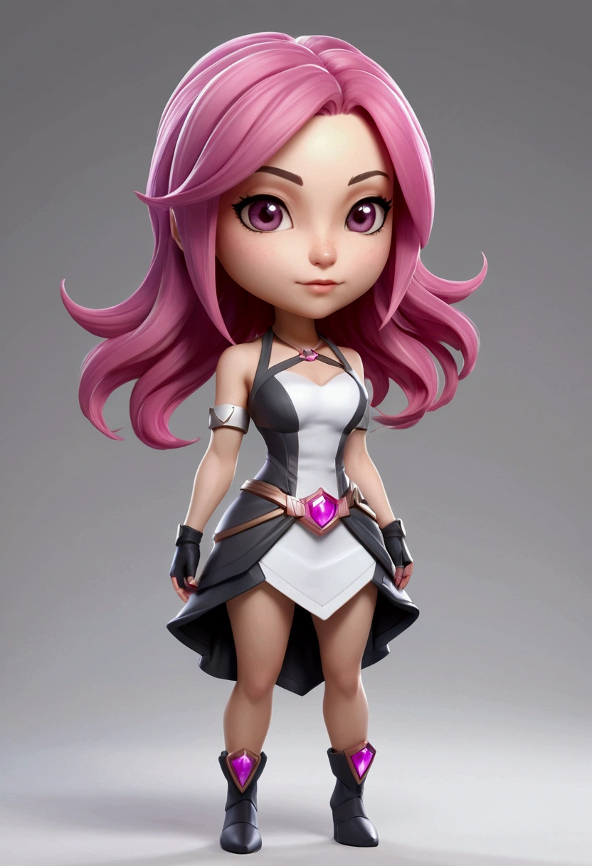 3D render, full body league of legend concept art style, chibi sexy 38 years old brunette, pink dyed hair tips, mid long haircut, grey eyes, best quality, casual date night dress, white background