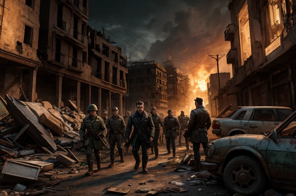 Generate an image depicting Josef Stalin standing in the center with a stern expression, surrounded by people who look terrified and anxious. The setting is a chaotic, war-torn landscape with rubble and destruction all around. The year is 1953, and the scene should reflect the intensity and fear of the time. Use a dark, somber color palette to emphasize the grim atmosphere.
