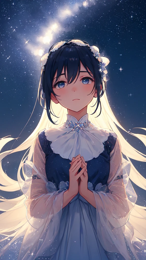 A serene night sky filled with twinkling stars, with a silhouette of a person gazing up at the sky, hands clasped in a promise. The background features soft moonlight casting a gentle glow on the scene