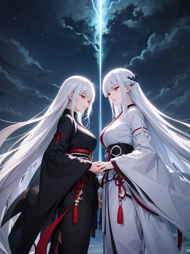 White Haired Woman、Red aura　Black Haired Woman、Blue aura　Both of them have Japanese swords　Glaring at each other in the storm　The afterglow in their eyes　high quality