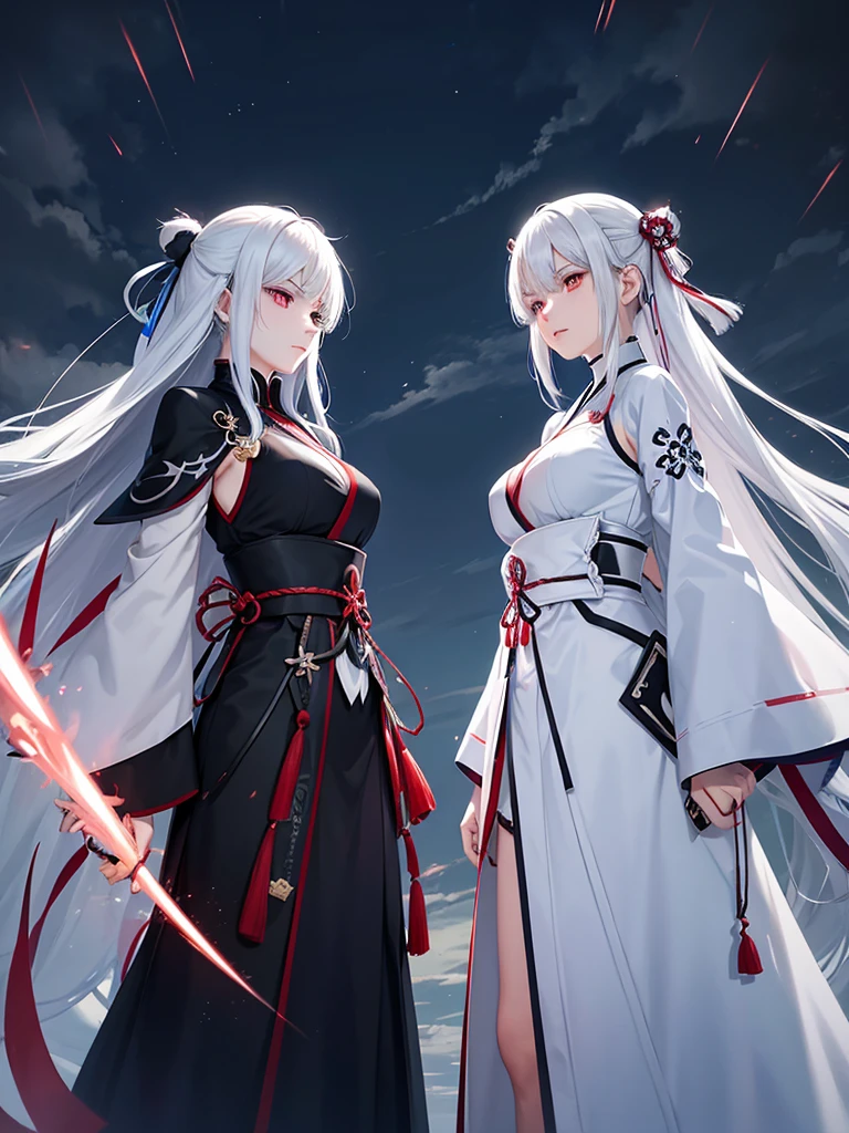 White Haired Woman、Red aura Black Haired Woman、Blue aura Both of them have Japanese swords Glaring at each other in the storm The afterglow in their eyes high quality