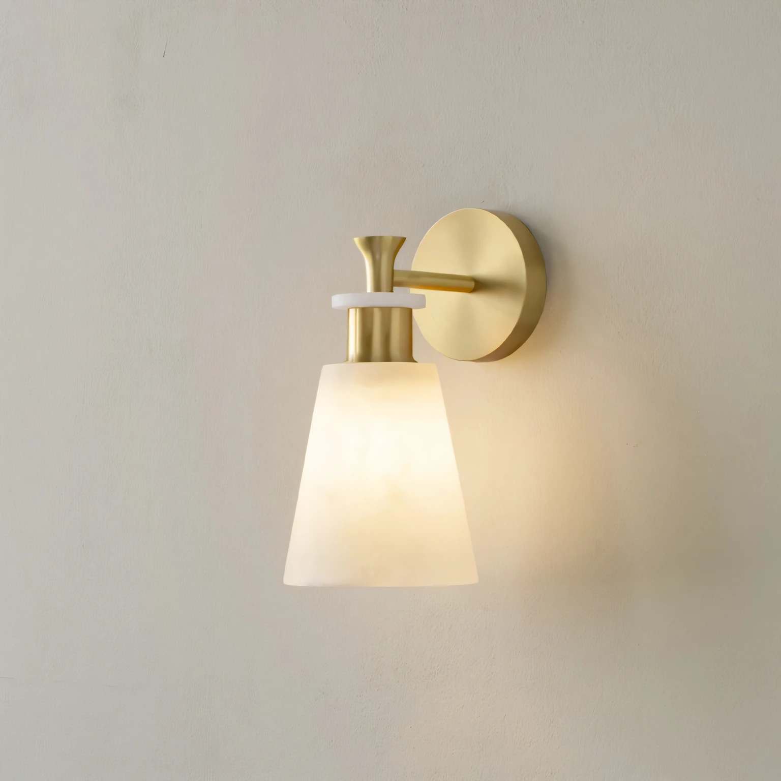 a close up of a Light on a wall with a white wall, Candlestick, Light cone, brass, morandi, mist, golden dapple Lighting, ethereal Lighting - h 0, cone, side Light, Light Lighting side view, Stone, night Light, subtle and compelling Lighting, Onyx, Lights, natural Light, atmospheric Lighting - n 9, Light