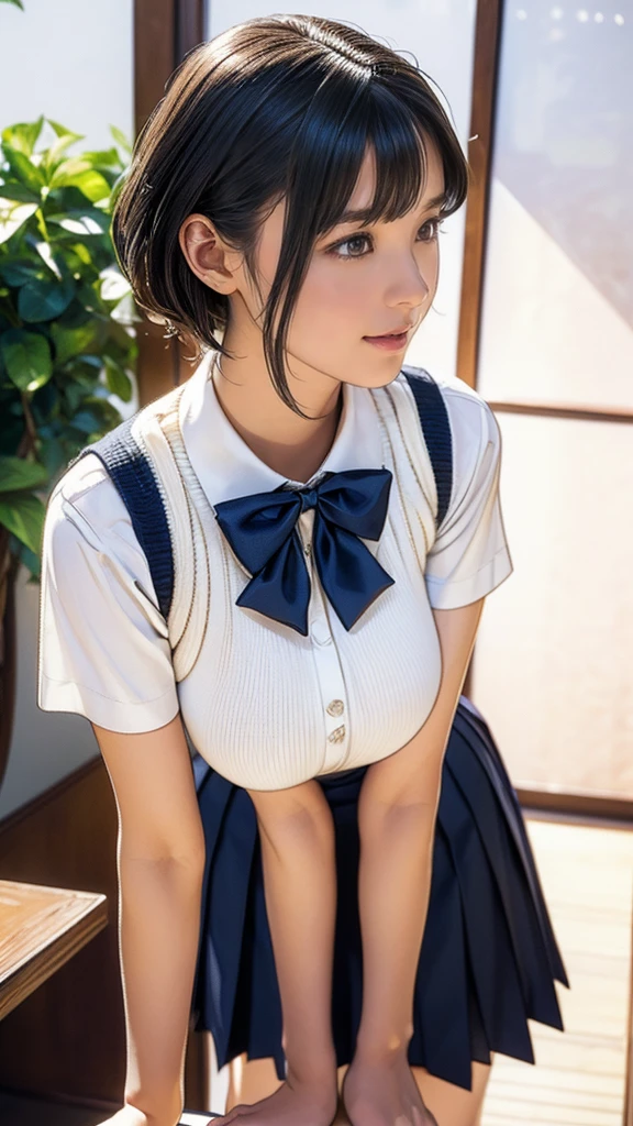 (masterpiece:1.2, Highest quality), (Realistic, photoRealistic:1.4), (Large Breasts:1.5), Beautiful illustrations, (Natural Side Lighting, Cinema Lighting), Written boundary depth, Looking at the audience, (Face Focus, Upper Body), Front view, 1 girl, Japanese, high school girl, 15 years old, Perfect Face, Symmetrical cute face, Glowing Skin, (Bob Hair:1.7,Black Hair), Asymmetrical bangs, Big eyes, Droopy eyes, long eyelashes chest), thin, Beautiful Hair, Beautiful Face, Beautiful and beautiful eyes, Beautiful clavicle, Beautiful body, Beautiful breasts, Beautiful thighs, Beautiful legs, Beautiful fingers, ((Quality fabric texture, brown knit vest, Short sleeve white collar shirt, Navy Pleated Skirt, Navy bow tie)), (Beautiful views), evening, (Inside the flower shop), Are standing, (smile, Superior, Open your mouth), (From below:1.5),(Poor visibility:1.5), (From below)