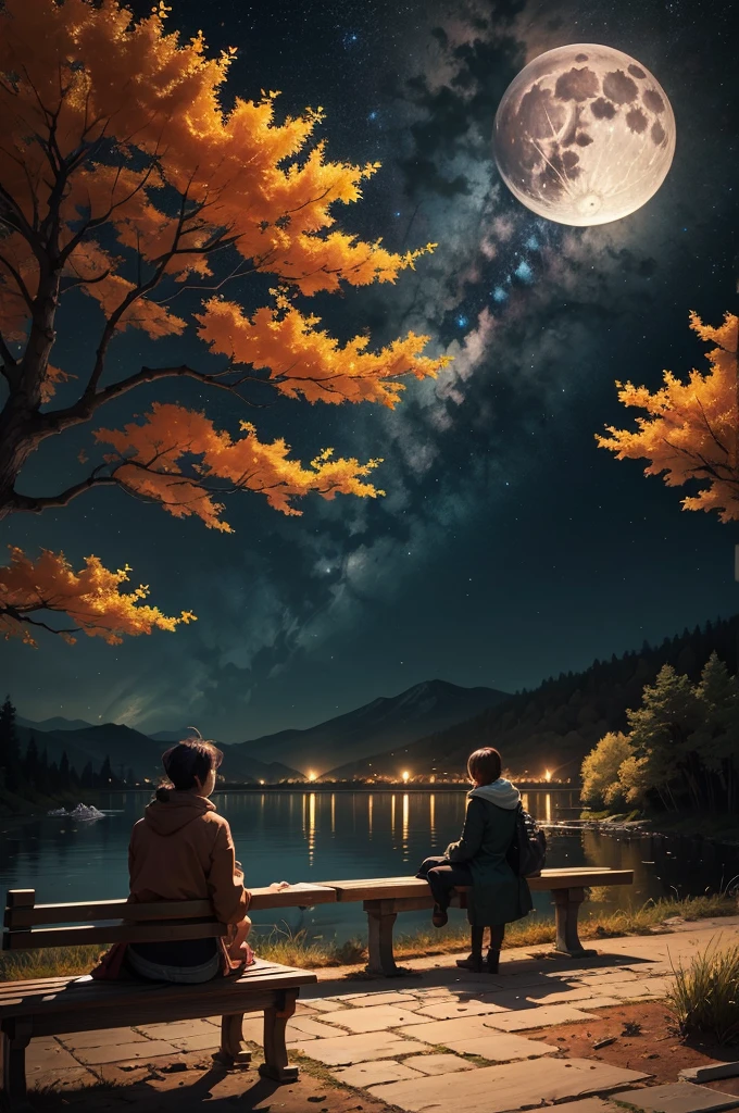 Full moon night、Autumn Tree々Two characters sitting on a bench surrounded by。 Magnificent and peaceful atmosphere。In the background you can see a starry sky and flying birds.