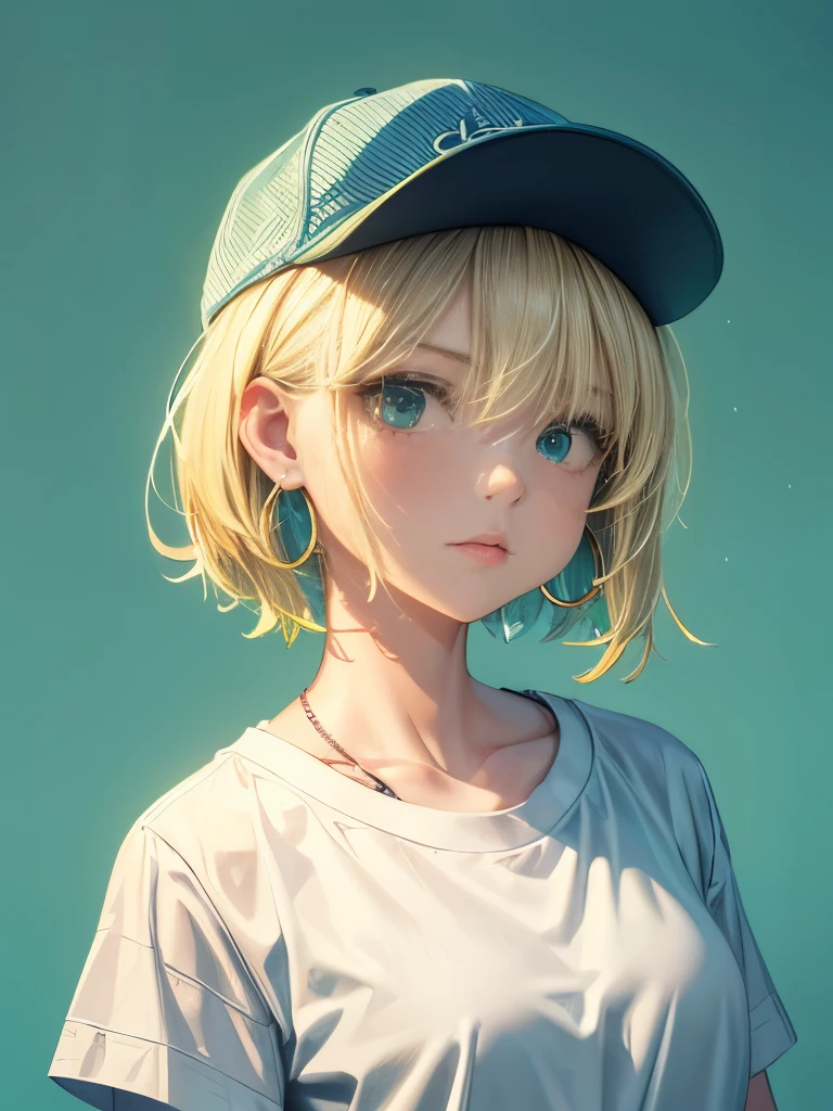 masterpiece, Highest quality, Ultra high definition, 8k wallpaper:1.5, One girl, Aqua Eye, Baseball cap, Blonde, Mouth closed, Earrings, Green background, Have, hoop Earrings, jewelry, View your viewers, shirt, short hair, Simple Background, alone, Upper Body, 黄色いshirt