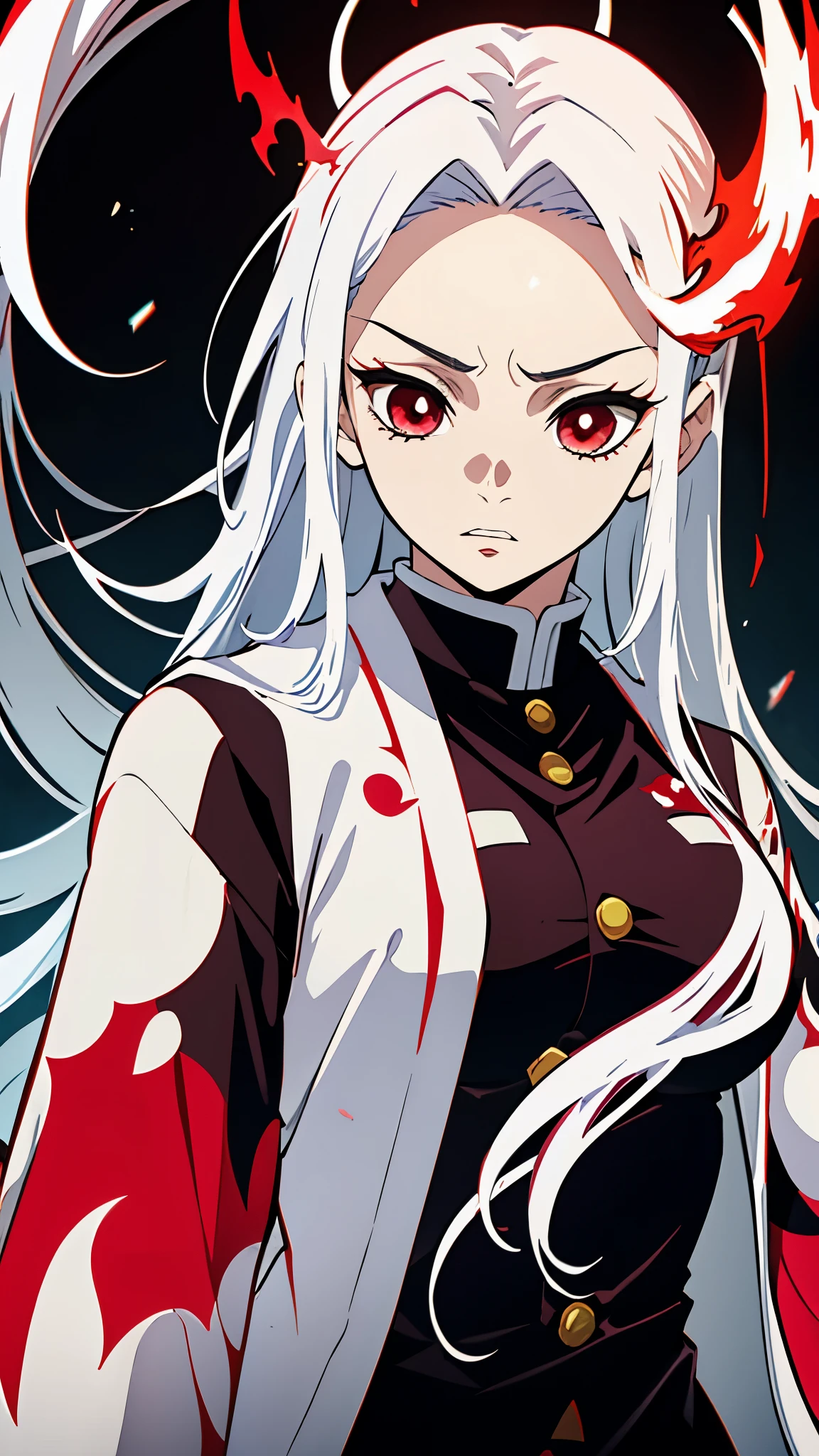 Kimetsu no Yaiba style, 1 mature, girl, red eyes, a hashira, pretty, red and white hair, white hair with red tips, red and white ombre hair, stylized hair, long hair, annoyed expression, noble, Pillar Demon Slayer, holding a sword, wearing black demon slayer uniform, black clothing, holding a red katana, large breasts, big breasts