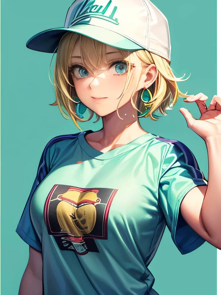 masterpiece, Highest quality, Ultra high definition, 8k wallpaper:1.5, One girl, Aqua Eye, Baseball cap, Blonde, Mouth closed, Earrings, Green background, Have, hoop Earrings, jewelry, View your viewers, shirt, short hair, Simple Background, alone, Upper Body, 黄色いshirt 