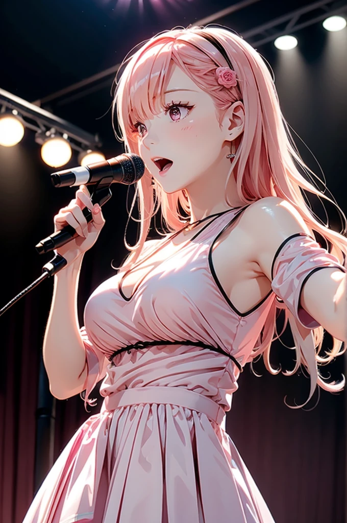 masterpiece、Soft Focus , Bright gradient watercolor、Tabletop, High resolution, 8k, Anime Women, Delicate and detailed writing 、Detailed digital illustration、High resolution, high quality、Detailed Background、Close-up photo、
Long Hair、Shiny Hair、Bright pink hair、bangs、Very beautiful woman、Idol、Double Eyes、(Large Breasts:1.4)、
(((Two Arms、Four fingers, One thumb)))、Detailed female face、(Grab the microphone:1.3)、Sing into the microphone、(Idol Costumeini)、 Short skirt、Pink Ribbon、Pink rose hair accessory、Pink and white outfit、