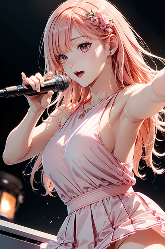 masterpiece、Soft Focus , Bright gradient watercolor、Tabletop, High resolution, 8k, Anime Women, Delicate and detailed writing 、Detailed digital illustration、High resolution, high quality、Detailed Background、Close-up photo、
Long Hair、Shiny Hair、Bright pink hair、bangs、Very beautiful woman、Idol、Double Eyes、(Large Breasts:1.4)、
(((Two Arms、Four fingers, One thumb)))、Detailed female face、(Grab the microphone:1.3)、Sing into the microphone、(Idol Costumeini)、 Short skirt、Pink Ribbon、Pink rose hair accessory、Pink and white outfit、