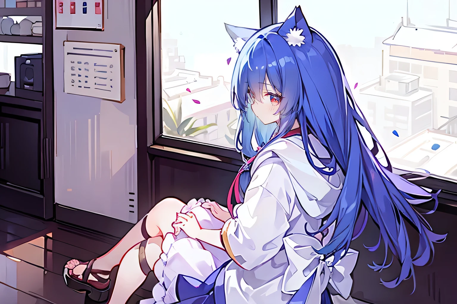 (masterpiece:1.2),Super detailed,lifelike,Expressive eyes,fair skin,perfect face shape,1 girl,
Japanese comics,Gorgeous blue hair,flowing blue hair,flowing clothes,Cat ears,Petals fall,beautiful lola,Baby Angel,
Cross your legs,Gentle and peaceful background,The pavilion is cool and comfortable,smile, wearing hoodie, background of tokyo,back views,heavy snowing, winter.sitting on window sill drinking coffee and looking out the window.