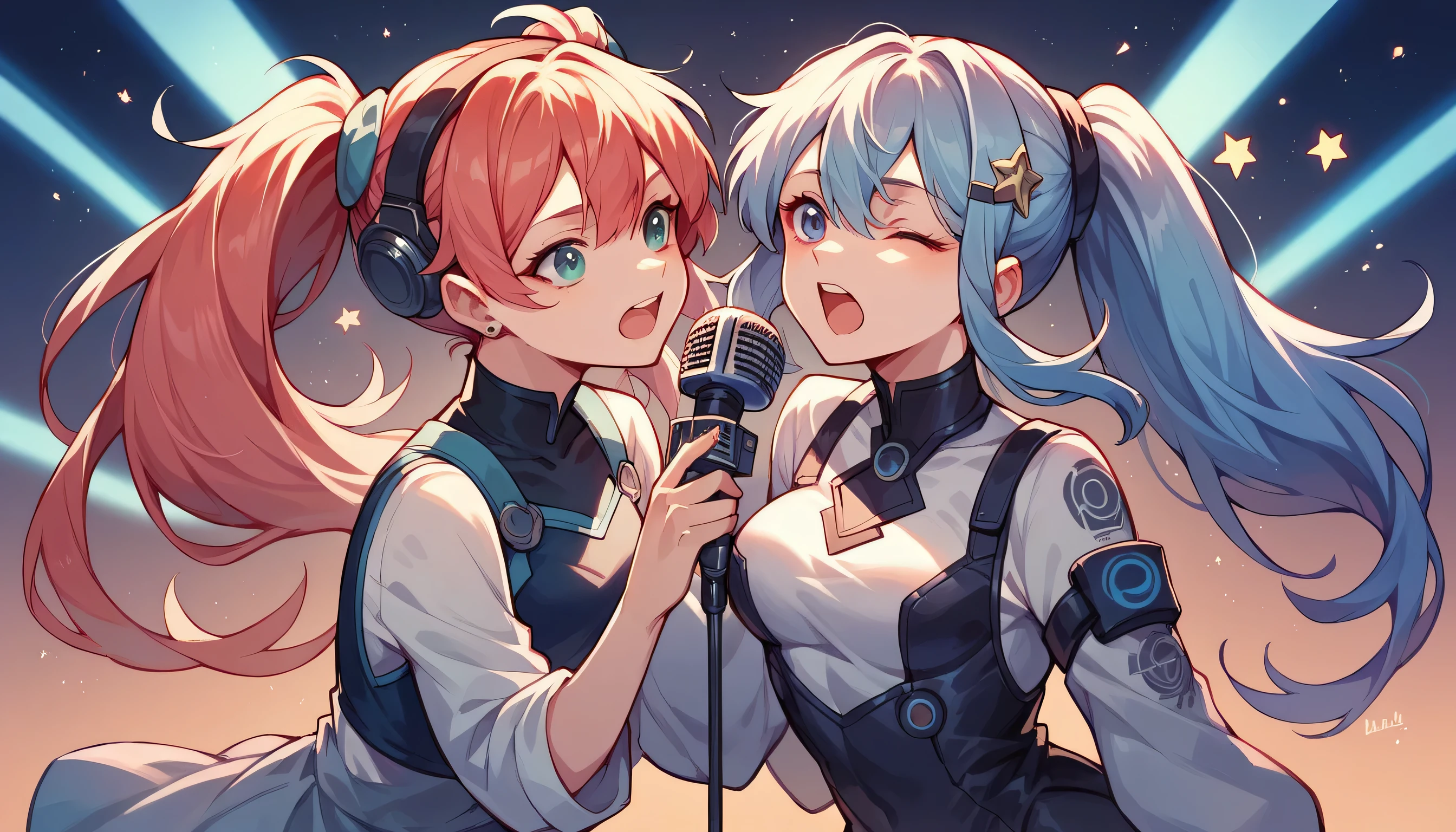 Two girls singing together in front of a single microphone, their full bodies visible. They are wearing futuristic outfits. They are surrounded by the vastness of space with stars shining brightly all around them.