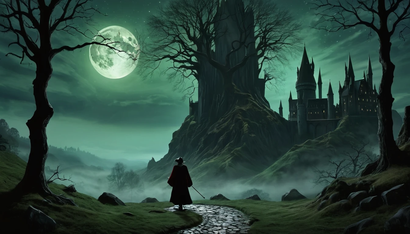 make the moon glow amber, add a sparkle in red in the wizard's wand