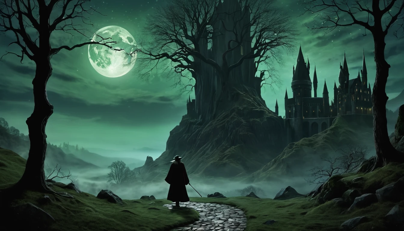 make the moon glow amber, add a sparkle in red in the wizard's wand