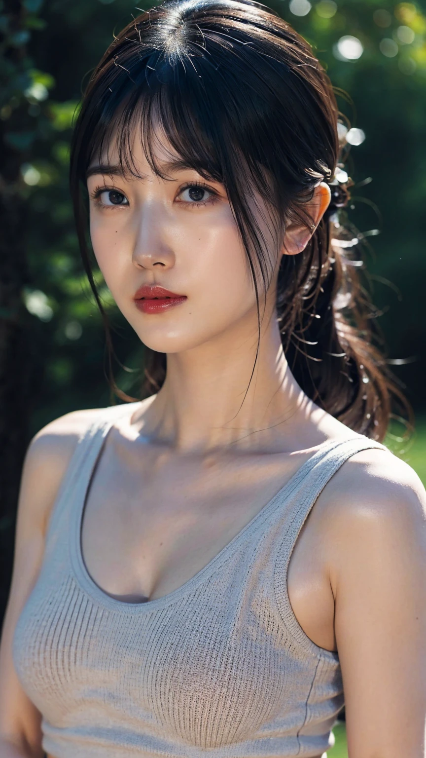1girl, woman, masterpiece, best quality, highest quality, (volumetric lighting), extremely detailed CG unity 8k wallpaper, focused, 8k wallpaper, extremely detailed, ultra realistic, photorealistic, sharp focus, absurdres, (HDR:1.2), (high contrast), photograph, detailed and intricate, instagram, portrait, highly detailed, digital painting, artstation, concept art, smooth, sharp focus, illustration, natural big breast, medium shoulder, looking at the viewer, knit strap tank top, long bangs.