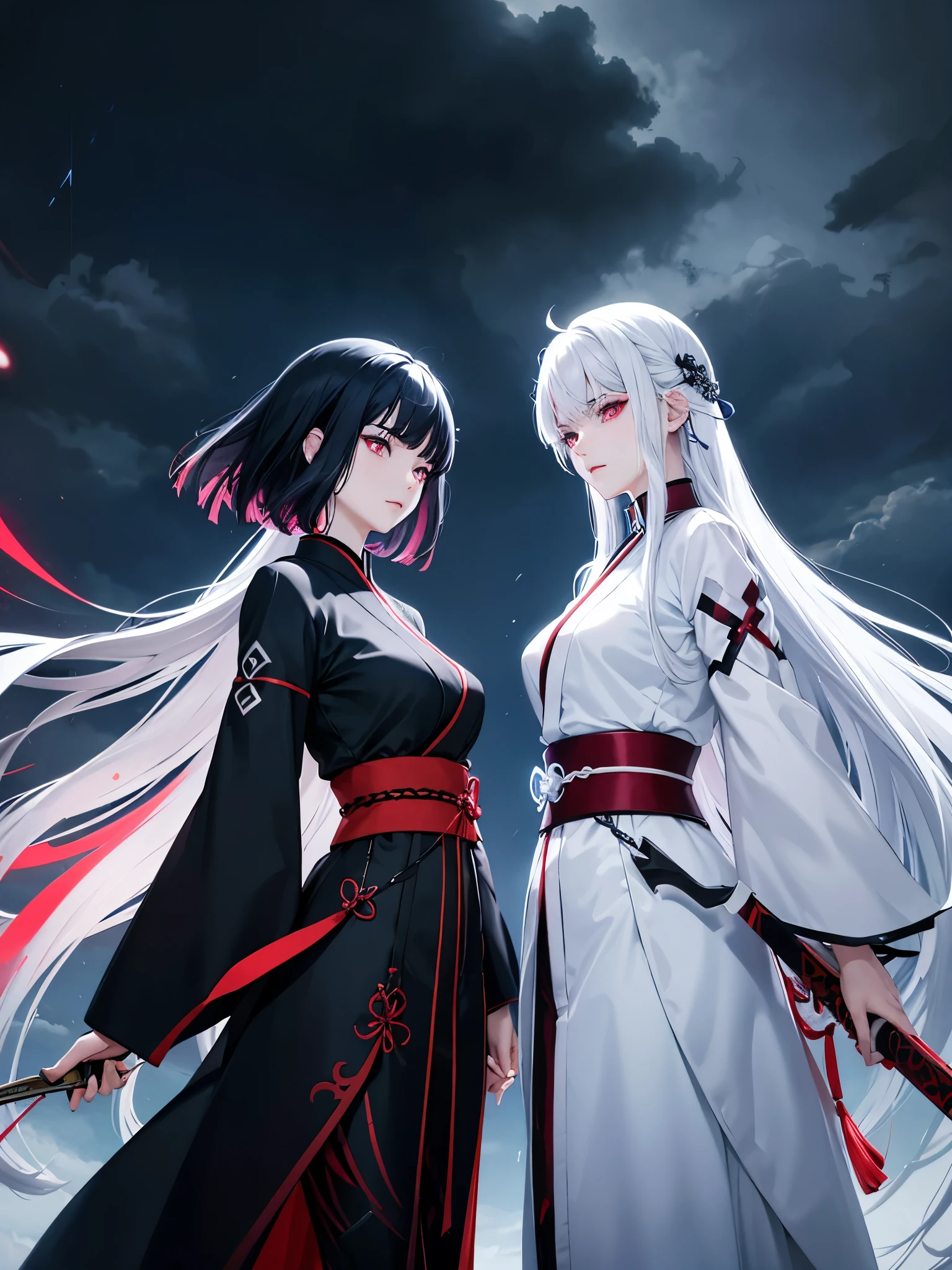 White Haired Woman、Red aura　Black Haired Woman、Blue aura　Both of them have Japanese swords　Glaring at each other in the storm　The afterglow in their eyes　high quality