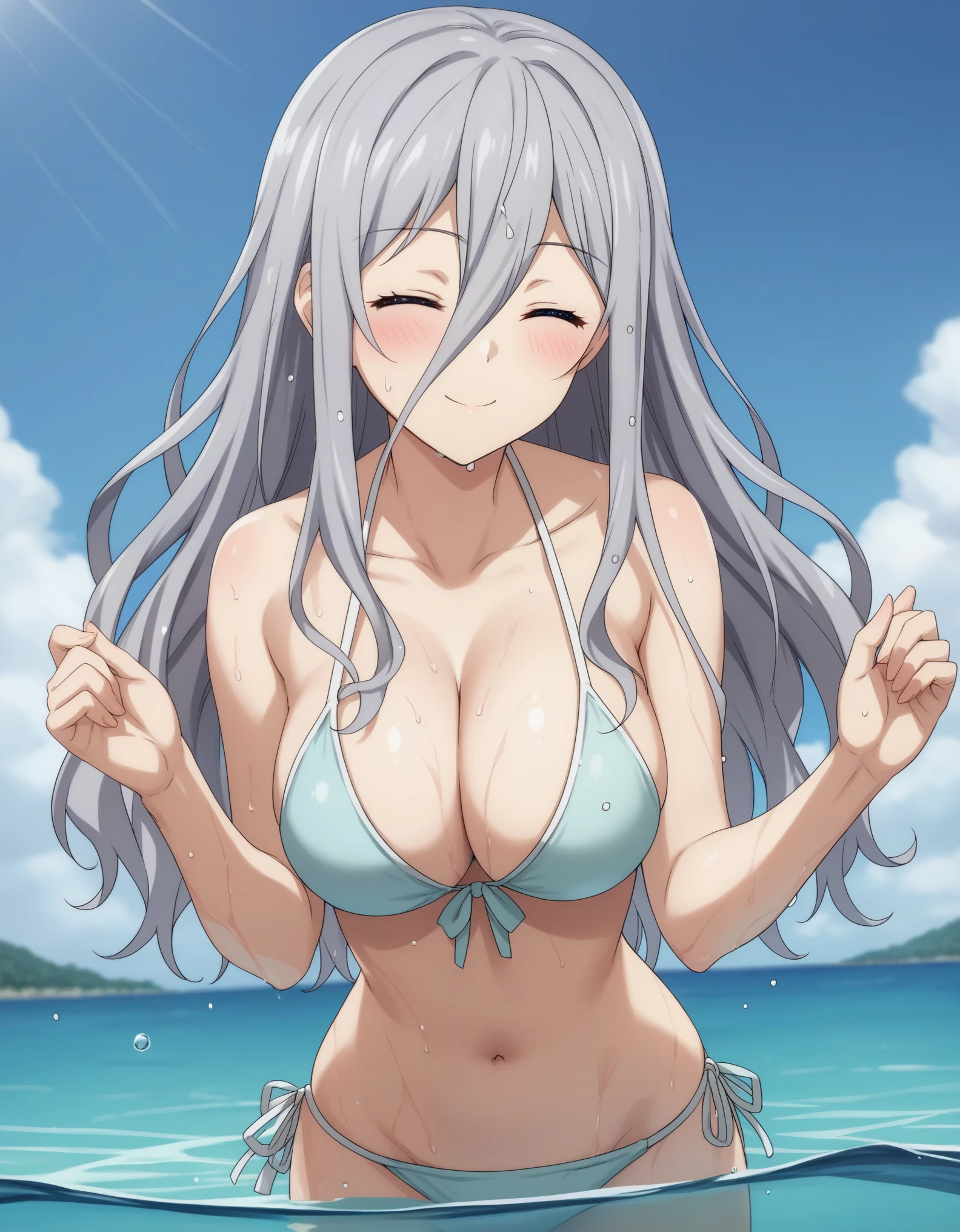 score_9, score_8_up, score_7_up, source_anime, reinamurasame,  reina murasame, a drawing of a woman in a bikini looking into the water and smiling, 1girl, bikini, swimsuit, solo, big breasts, closed eyes, long hair, outdoors, cleavage, navel, wet, sky, smile, blush, side-tie bikini bottom, wading,reina murasame, long hair, blue eyes, grey hair, hair between eyes,