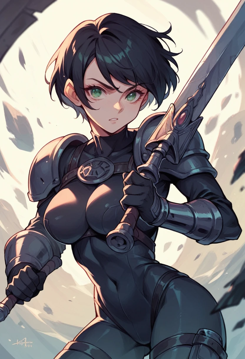 An elegent female soldier in a black bodysuit, short black hair and green eyes, mercenary