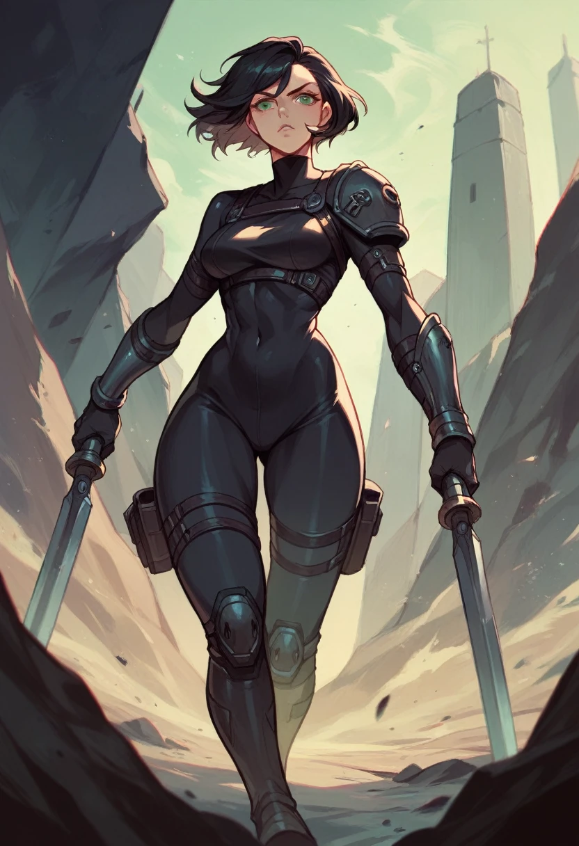 An elegent female soldier in a black bodysuit, short black hair and green eyes, mercenary