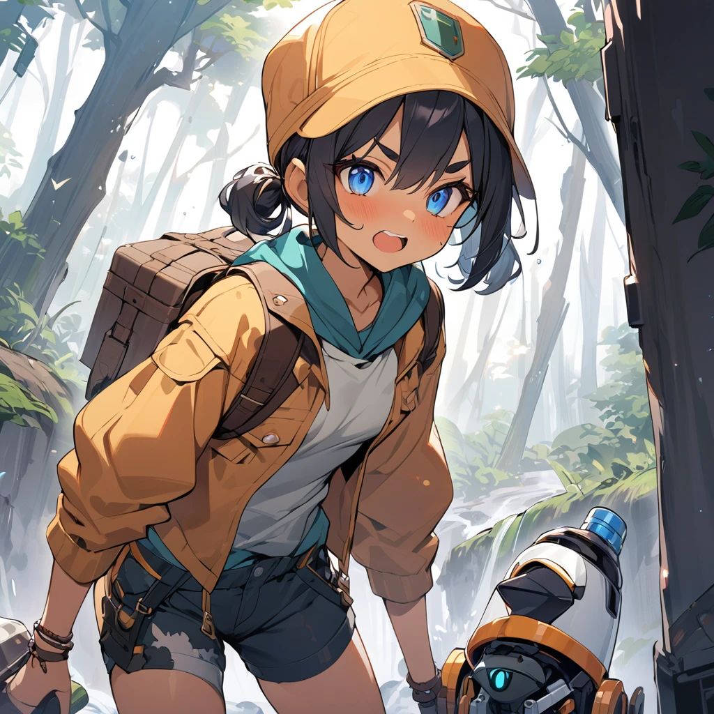 (master piece),(best quality), BREAK, yo gal,((dark skin body:1.2)),small breast, BREAK, dark black hair,under ponytails,flipped short hair, BREAK, for head,thick eyebrow,blue eyes,open mouth, BREAK,fog ruins sity,forest,treasure hunter costume,booty shorts,Water bottle,Mechanical penguin bot,steal container,